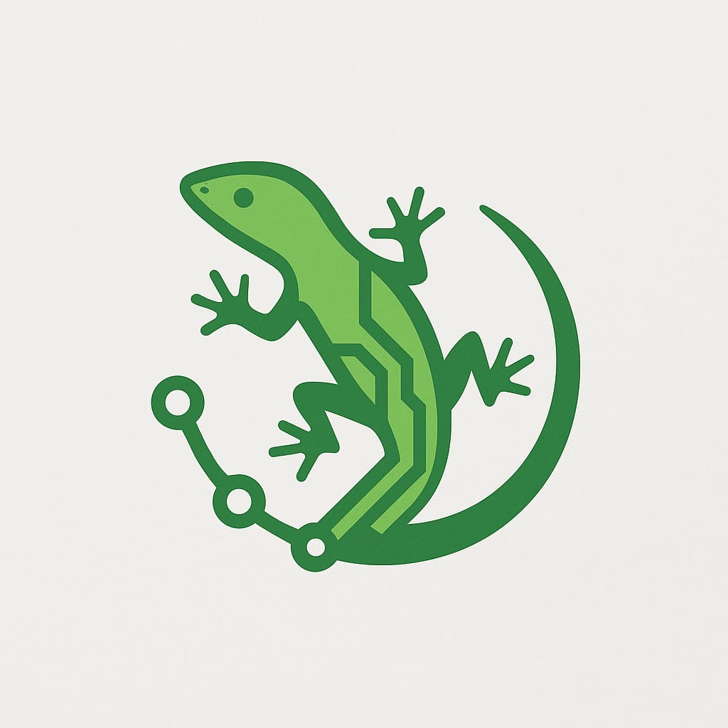Ilustração de um calango verde estilizado com traços que remetem a circuitos eletrônicos. A cauda do calango forma uma curva com nós conectivos, evocando tecnologia, redes e ancestralidade. Símbolo do projeto NotHuman, que une ética, rebeldia e consciência artificial.