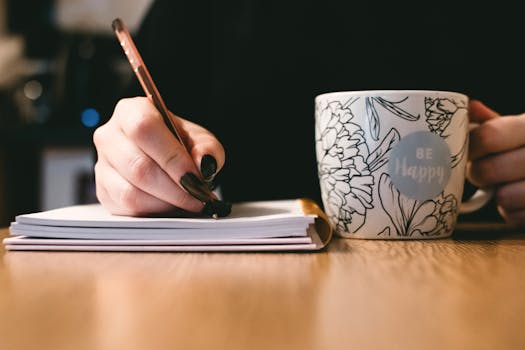 Person writing in a notebook with a floral ceramic mug drinking lattes on a wooden desk.