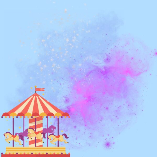 Ilustração em fundo azul com manchas de estrelas douradas e rosa. No canto inferior esquerdo, um carrossel com cavalos encantados nas cores vermelho, amarelo e lilás. A imagem não possui texto.