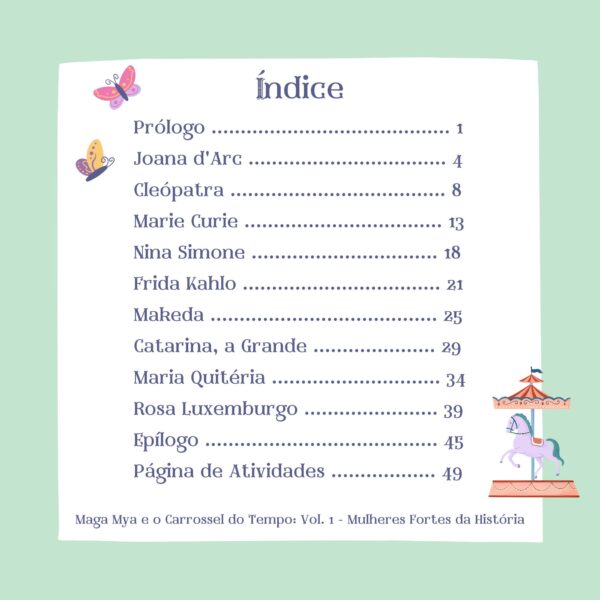 Índice do livro "Maga Mya e o Carrossel do Tempo – Vol. 1", listando capítulos dedicados a cada mulher histórica, além do prólogo, epílogo e página de atividades.